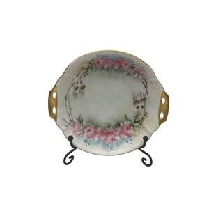 Antique Hand Painted Japan 5” Porcelain Dish Pink Roses Gold Trim Handles